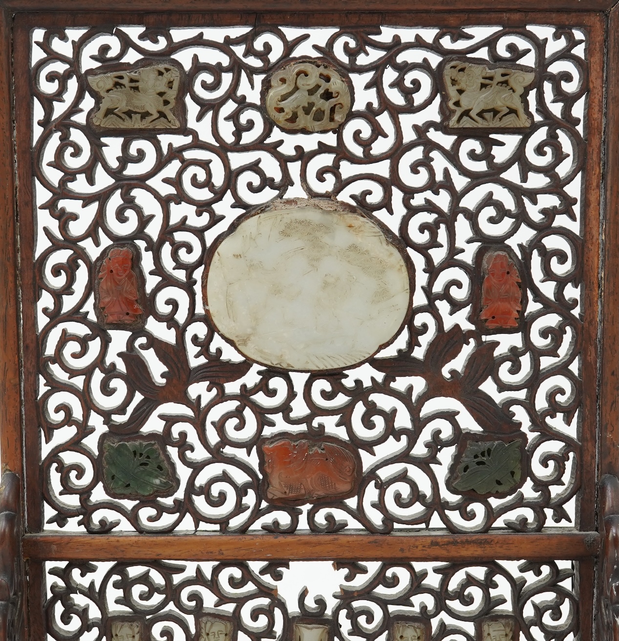 A Chinese jade and hardstone mounted hongmu table screen, late 19th/early 20th century